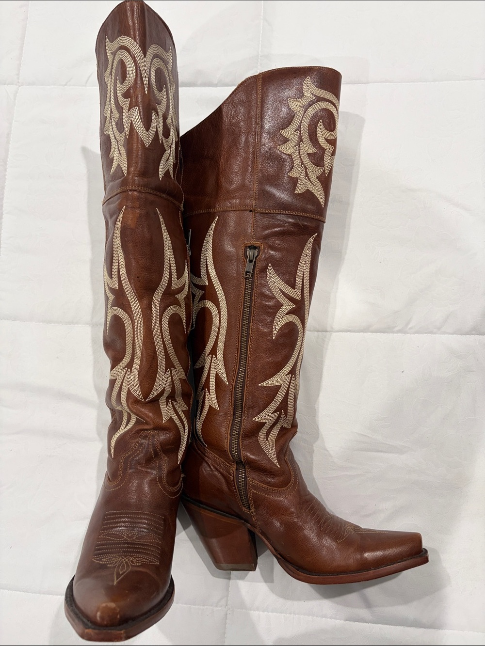 Brown Embroidered Over-the-Knee Boots